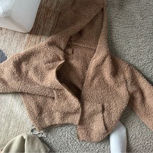 SKIMS Cozy Knit Boucle Sherpa Hoodie Full Zip Sweater Jacket in Camel-Sz S/M